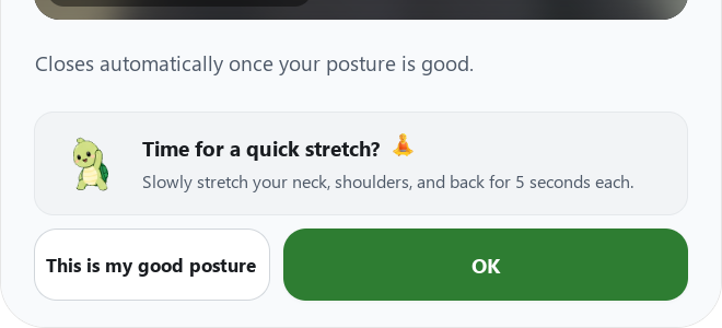 Actual app screen — Necky suggests 'Time for a quick stretch? Slowly stretch your neck, shoulders, and back for 5 seconds each'